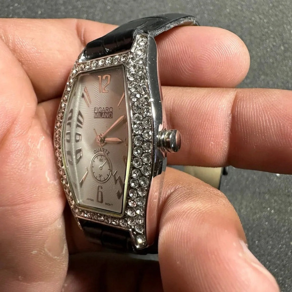 Figaro Milano Ladies Quartz Watch Diamon Bezel Silver Tone Black Strap Working - Picture 4 of 11